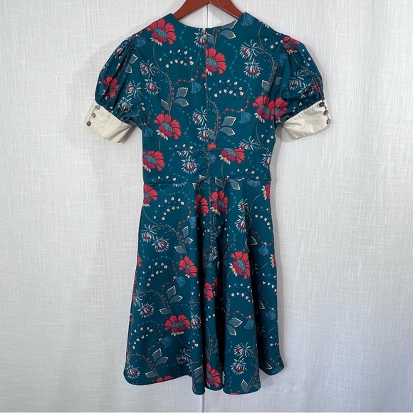 Unique Vintage Teal & Red Floral Chain Print Retro Swing Dress Size M - Picture 13 of 16